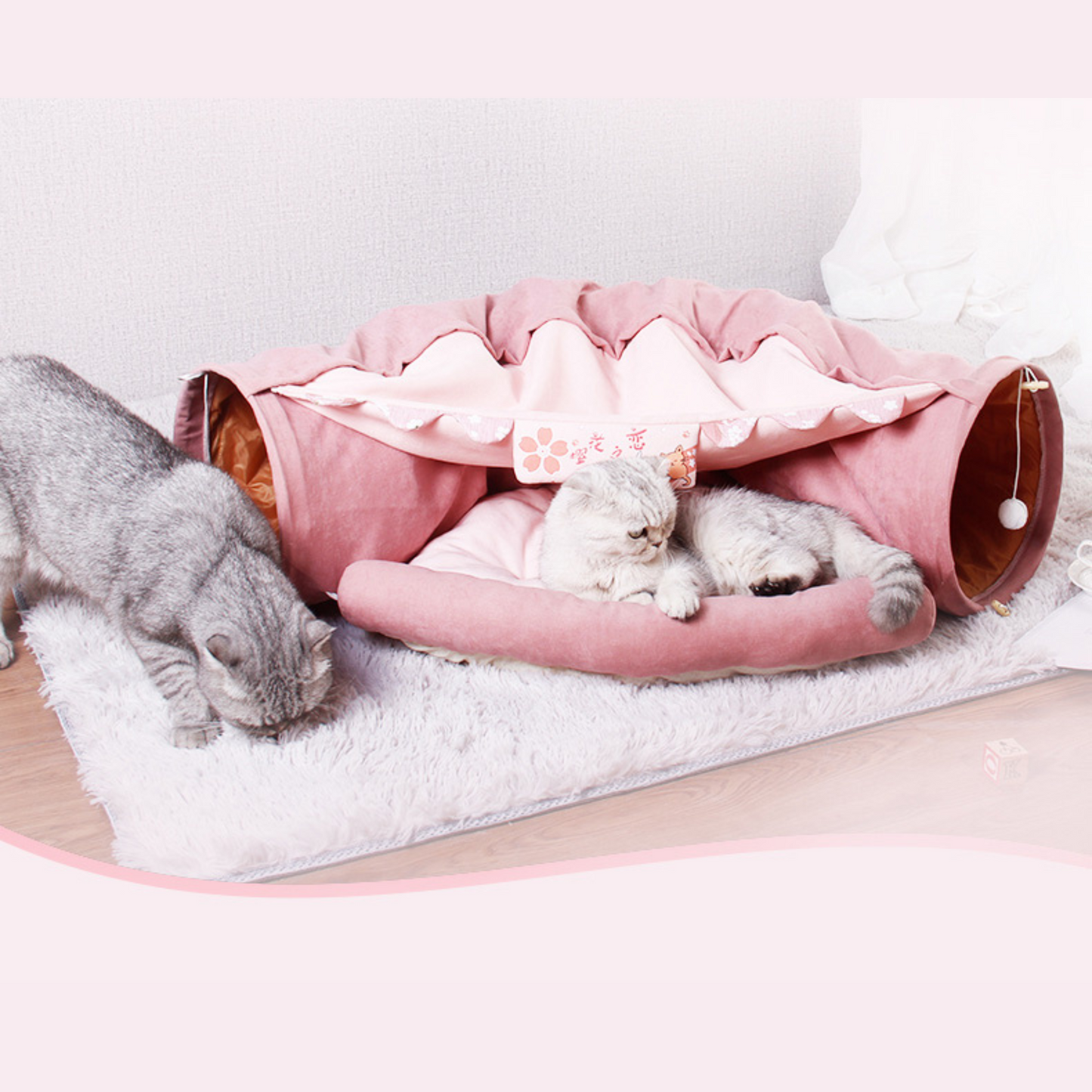 Plush Pastel Cat Bed with Built-In Tunnel