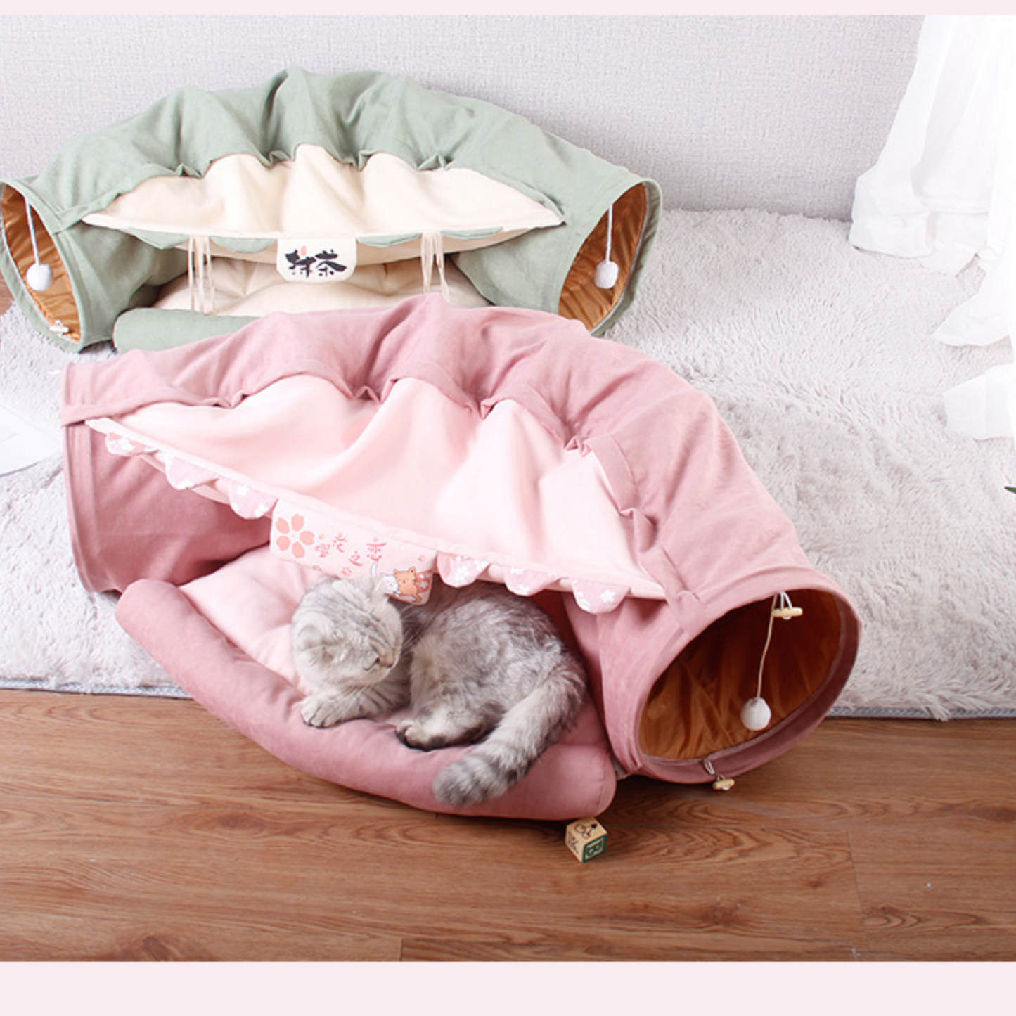 Plush Pastel Cat Bed with Built-In Tunnel