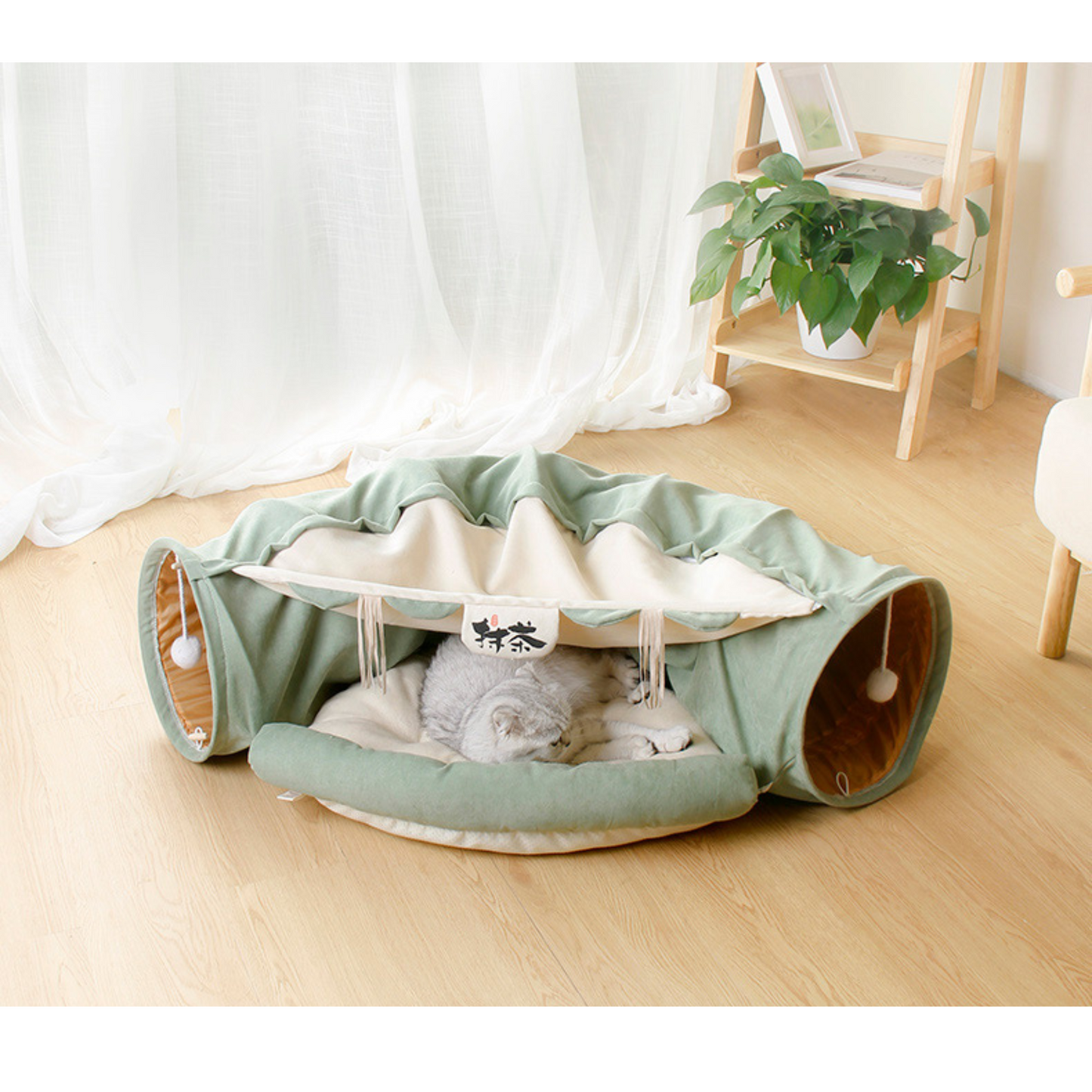 Plush Pastel Cat Bed with Built-In Tunnel