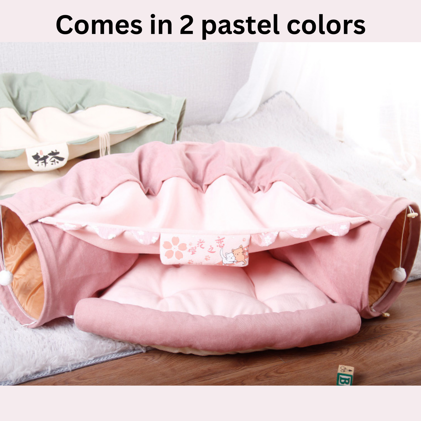 Plush Pastel Cat Bed with Built-In Tunnel